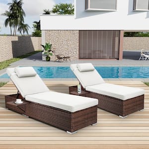 2-pieces Wicker Outdoor Chaise Lounge with Adjustable Backrest & Beige Cushions