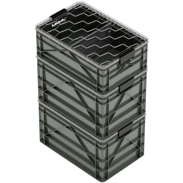 Crate Starter Pack 2 Full-Size and 1 Half-Size Heavy Duty Stackable Storage Bins with Lids and Dividers Stealth