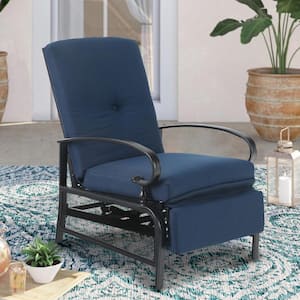 Adjustable Black Metal Outdoor Recliner with Blue Cushions