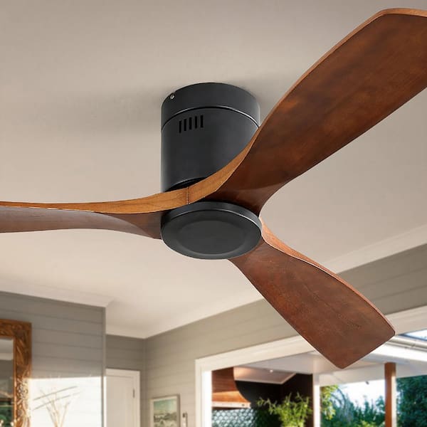 52 in. Indoor/Outdoor Black Low Profile Wood Ceiling Fan Without Light, 6-Speed DC Motor and Remote Control