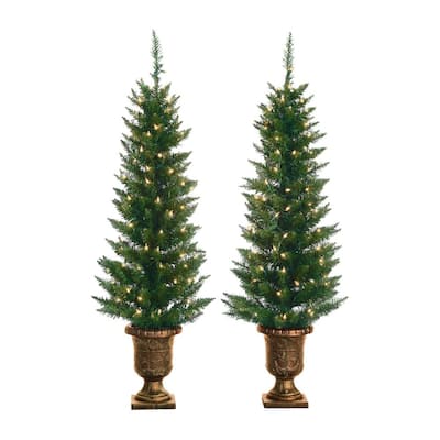 4 ft. Pre-Lit Cedar Pine Artificial Christmas Trees with Clear Lights in Pots (Set of 2)