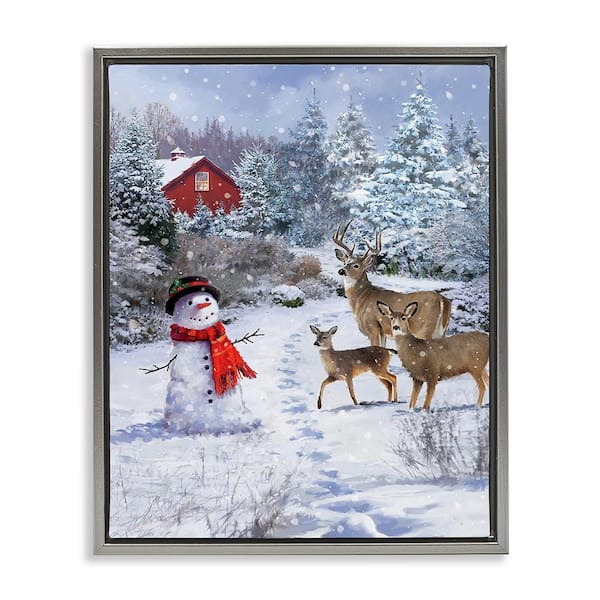 Stupell Industries Reindeer and Snowman Landscape by Jason Kirk 1-Piece Floater Frame Graphic Print Nature Poster Art Print 21 in. x 17 in.