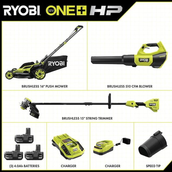 ONE+ HP 18V Brushless 16 in. Cordless Battery Push Lawn Mower, String Trimmer & Blower w/(3) Batteries & (2) Chargers