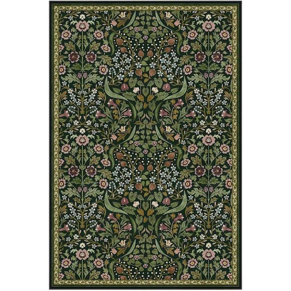 Multi-Colored Floral Plant Washable Green 6 ft. x 9 ft. Area Rug