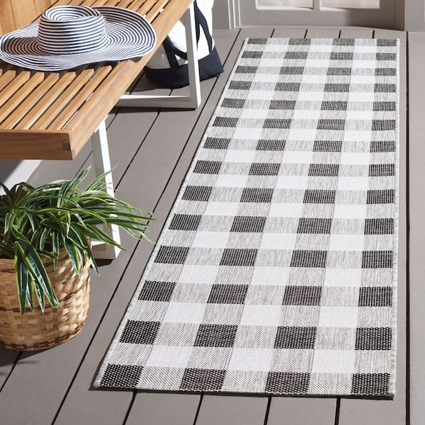 Courtyard 2 ft. x 8 ft. Gray/Dark Gray Checkered Indoor/Outdoor Runner Rug