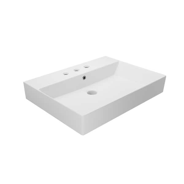 WS Bath Collections Energy Wall Mounted/Vessel Sink 60 Matte White Ceramic Rectangular with 3 Faucet Holes