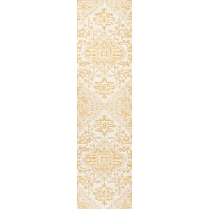 Estrella Cream/Yellow 2 ft. x 10 ft. Bohemian Medallion Textured Weave Indoor/Outdoor Area Rug