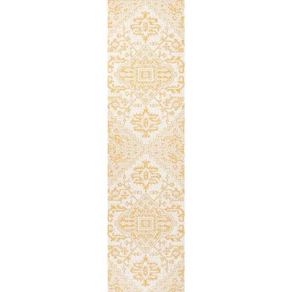 Estrella Cream/Yellow 2 ft. x 10 ft. Bohemian Medallion Textured Weave Indoor/Outdoor Area Rug