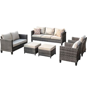Megon Holly Gray 6-Piece Wicker Outdoor Patio Conversation Seating Set and Loveseat with Beige Cushions