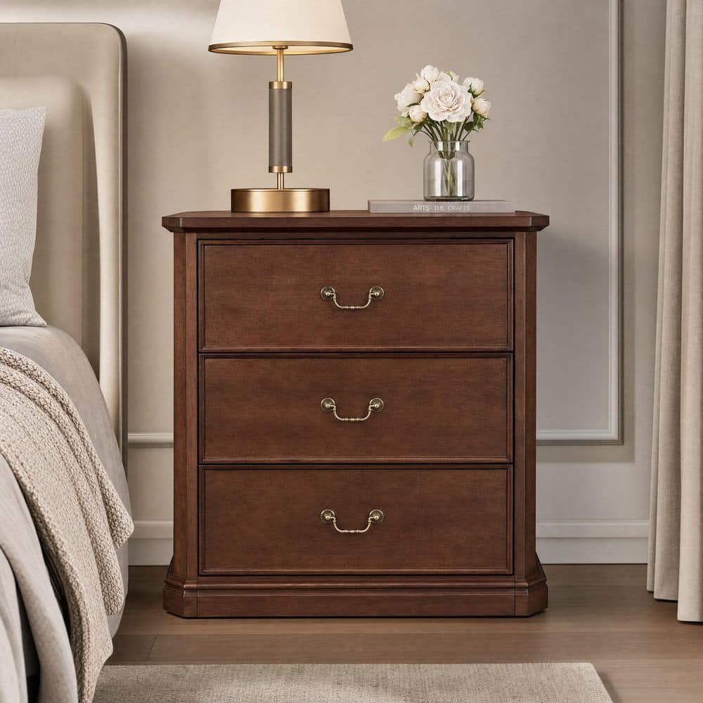 Brown 3-Drawer 31.5 in. Wide Chest of Drawers with Accent Panels, Metal Handles and Classic Design
