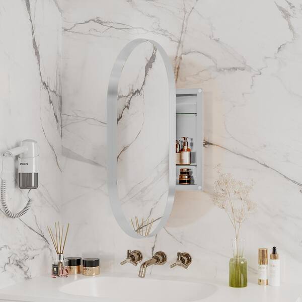 WELLFOR FS 20-in x 34-in Recessed Mount Gold Mirrored Oval Medicine Cabinet