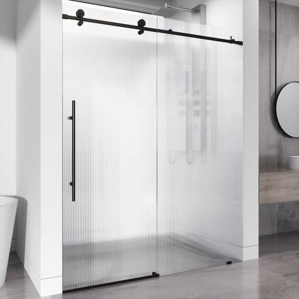 VIGO Elan E-Class 56 to 60 in. W x 76 in. H Sliding Frameless Shower Door in Matte Black with 3/8 in. (10mm) Fluted Glass