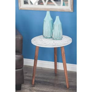 19 in. White Handmade Intricately Carved Floral Large Round Wood End Accent Table with 3 Slender Legs