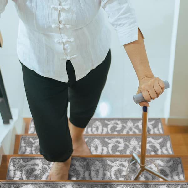 Floral Collection Gray 9 in. x 28 in. Polypropylene Stair Tread Cover (Set of 15)