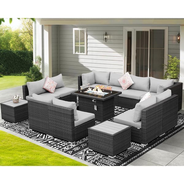 Modern 13-Piece Gray Wicke Patio Fire Pit Sectional Seating Set with Light Gray Cushions and 43 in. L Firepit Table