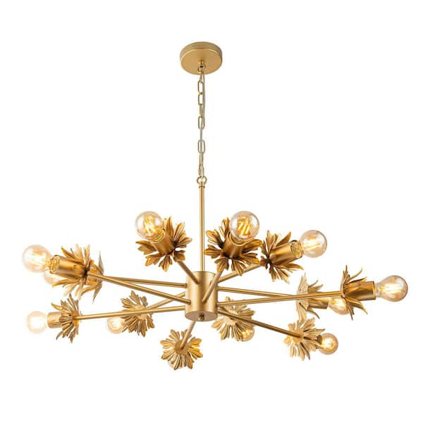Lucia 12-Light Gold Modern Linear Sputnik Chandelier with Vintage Leaf No Bulbs Included