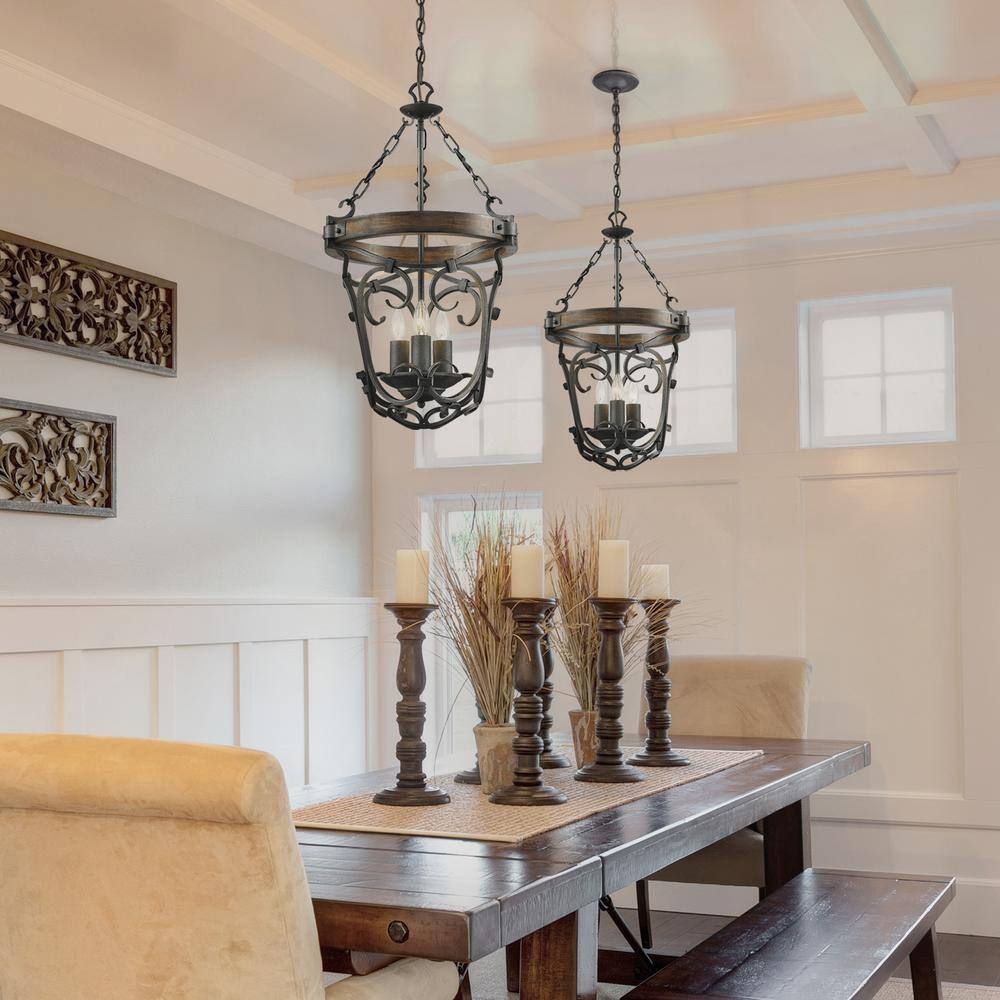 Madera Rustic Black Iron and Wood 3-Light Pendant