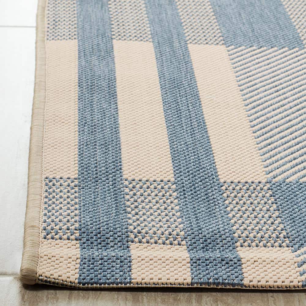 Beige and Blue Plaid Indoor/Outdoor Synthetic Rug