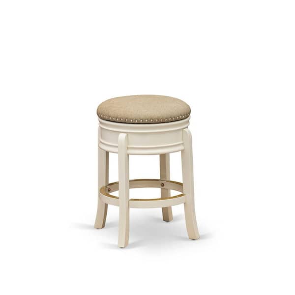 HOME IMPORTS EMPORIUM 24 in. H Linen White Counter Height Wooden Barstool Round Shape with PU Leather Upholstered Bar Height
