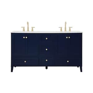 Timeless Home 60 in. W x 22 in. D x 34 in. H Double Bathroom Vanity in Blue with Calacatta Engineered Stone