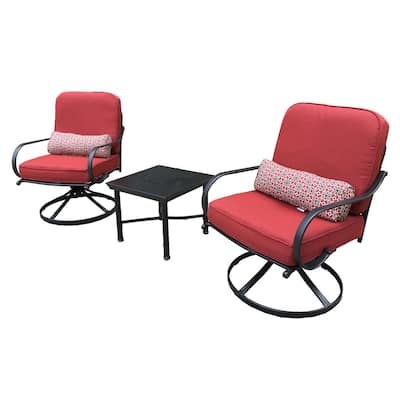 Alicia 3-Piece Metal Patio Outdoor Swivel Chair with Red Cushions