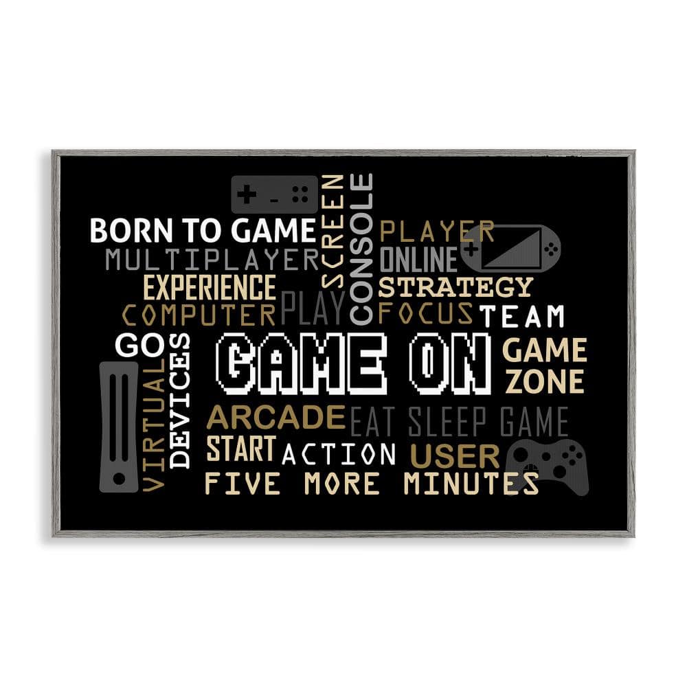 Game On Gamer Typography Gray Framed Giclee Art, design by Kim Allen