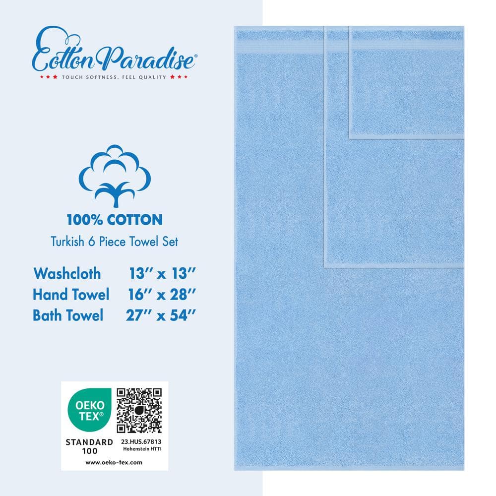 Sky Blue Turkish Cotton 6-Piece Bath Towel Set