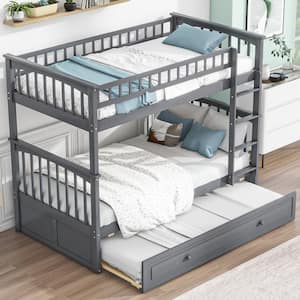 Detachable Style Gray Twin Over Twin Wood Bunk Bed with Twin Size Trundle, Convertible Beds