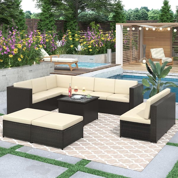 Cesicia 9-Piece PE Rattan Wicker Outdoor Patio Conversation Sectional Sofa with Beige Cushions