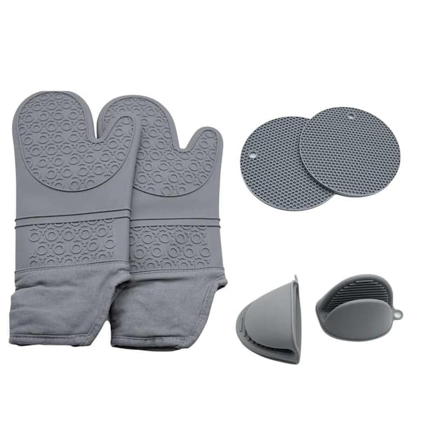 6-Pack Silicone Oven Mitts and Pot Holders Sets, Non-Slip Heat Resistant Oven Gloves For Cooking Baking Grilling, Gray