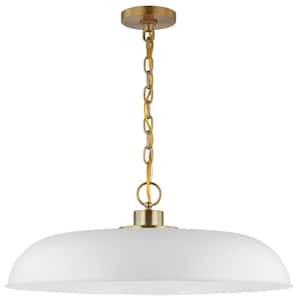 Colony 100-Watt 1-Light Matte White/Burnished Brass Shaded Pendant Light with White Metal Shade, No Bulbs Included