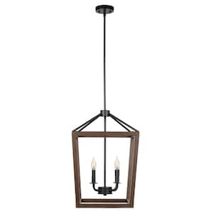 4-Light Matte Black Pendant with Faux Wood Accent, Vintage Incandescent Bulbs Included