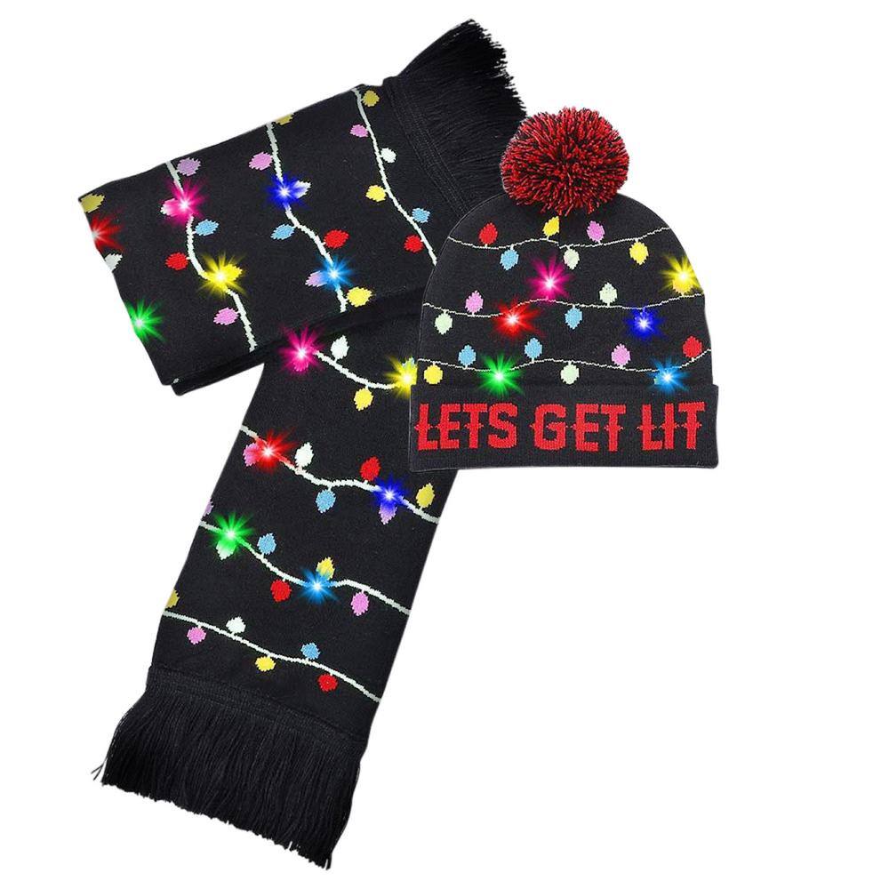 Multicolor LED Black "Lets's Get Lit" Ugly Sweater Beanie Hat and Scarf Combo 