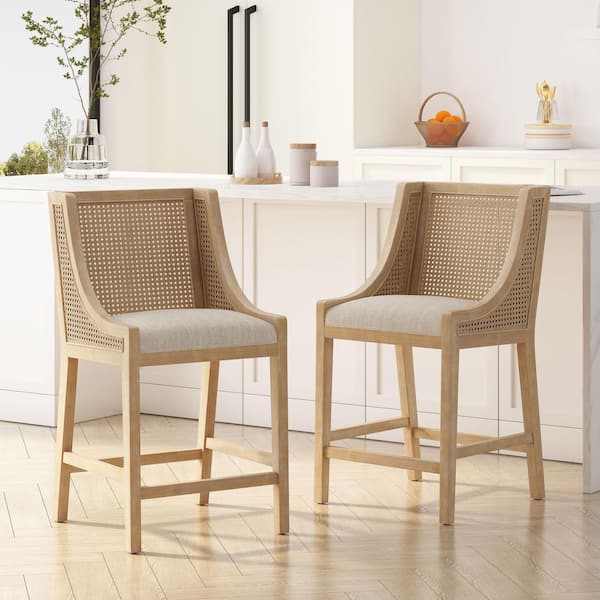 39 in. H Beige Fabric Upholstered Counter Stools (Set of 2) with Natural Cane and Rubber Wood Frame