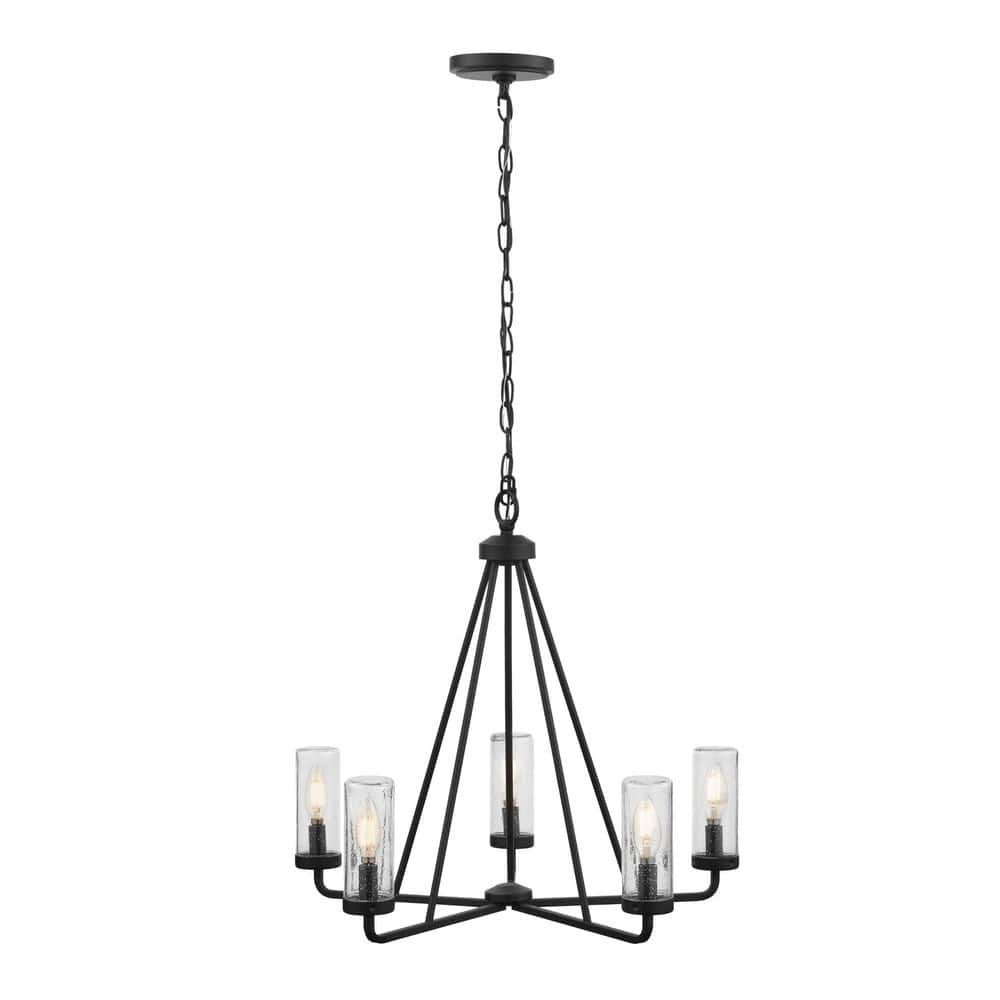 Hampton Bay Bainbridge 24 in. 5-Light Black Outdoor Urban Industrial Chandelier with Clear Glass Shades