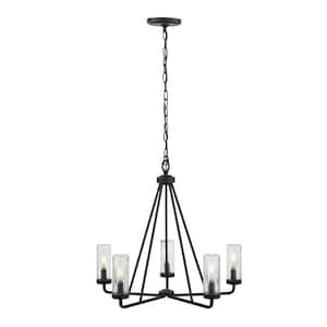 Bainbridge 24 in. 5-Light Black Outdoor Urban Industrial Chandelier with Clear Seeded Glass Shades