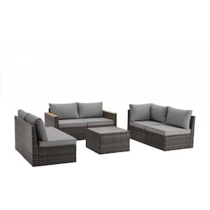 Gray Rattan Patio Furniture Set, 7 Pieces with Ottoman, Wicker Outdoor Sectional Sofa with Gray Cushion