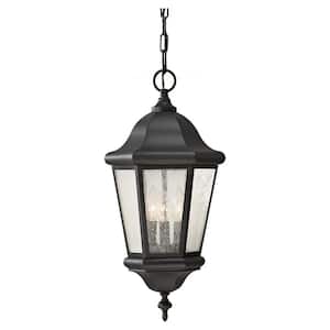Martinsville 10.25 in. W. 3-Light Black Outdoor Pendant with Clear Seeded Glass Panels