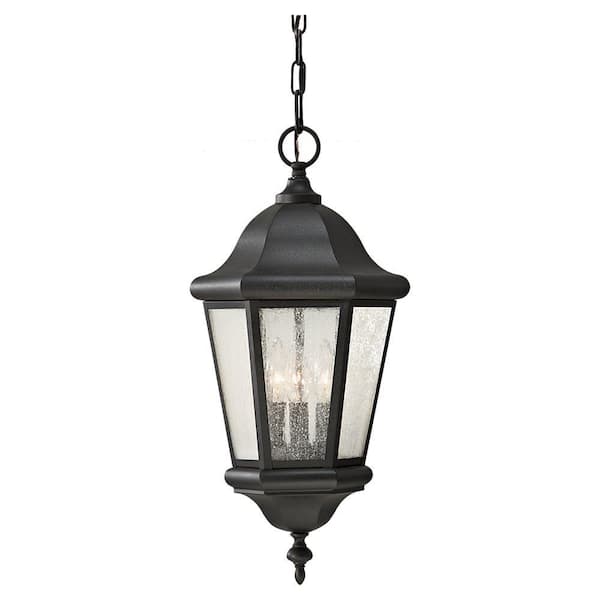 Generation Lighting Martinsville 10.25 in. W. 3-Light Black Outdoor Pendant with Clear Seeded Glass Panels