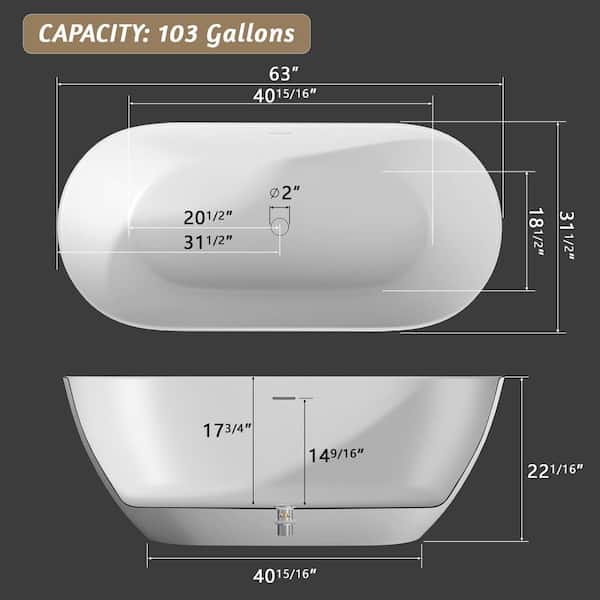 63 in. x 31.5 in. Solid Surface Tub Stone Resin Flatbottom Freestanding Soaking Bathtub with Overflow in Matte White