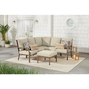 Geneva 6-Piece Brown Wicker Outdoor Patio Sectional Sofa Seating Set with Ottoman and CushionGuard Putty Tan Cushions