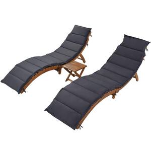 Brown Wood Outdoor Patio Portable Extended Chaise Lounge Set with Foldable Tea Table and Dark Gray Cushion
