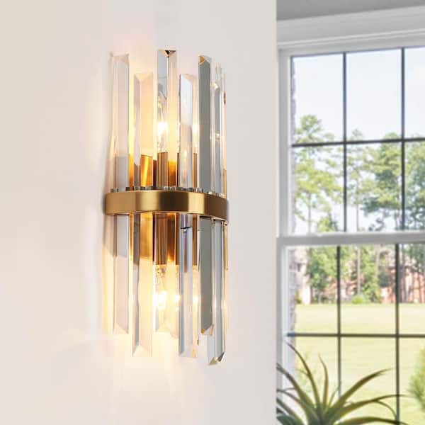 Modern 6 in. 2-Light Plated Brass Crystal Wall Sconce for Hallway Living Room, Glam Damp-Rated Bathroom Vanity Light