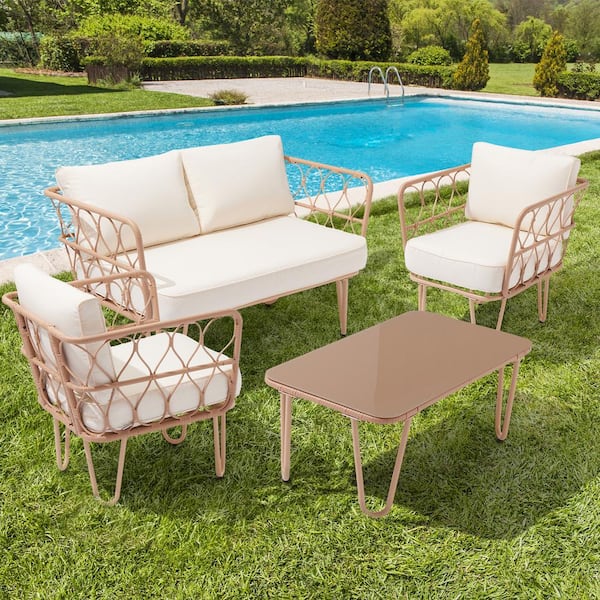 JEAREY 4-Piece Beige Wicker Patio Conversation Set Loveseat with Cushions and Coffee Table
