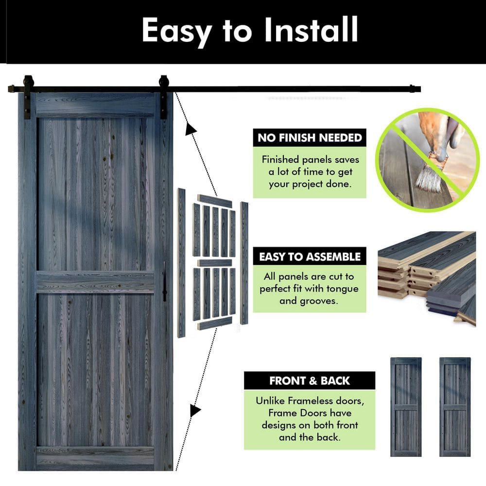 Navy Pine Wood Solid Core Single Barn Door with Black Hardware