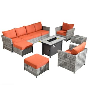 Eufaula Gray 10-Piece Wicker Modern Outdoor Patio Conversation Sofa Set with a Steel Fire Pit and Orange Red Cushions