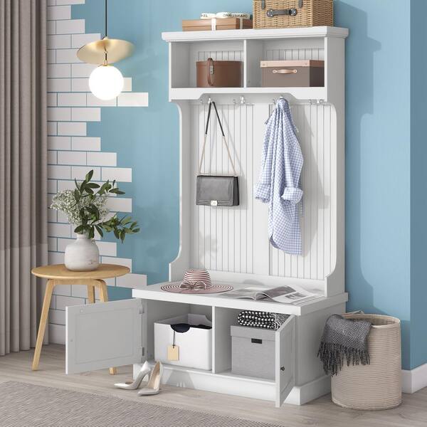Nestfair White Freestanding Hall Tree with Storage Shoe Bench Cabinet and 4 Hooks