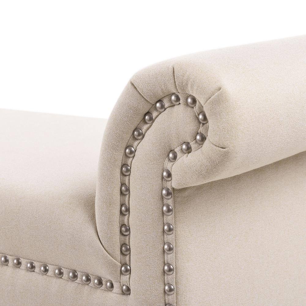 Sky Neutral Roll Arm Entryway Bench with Nailhead Trim