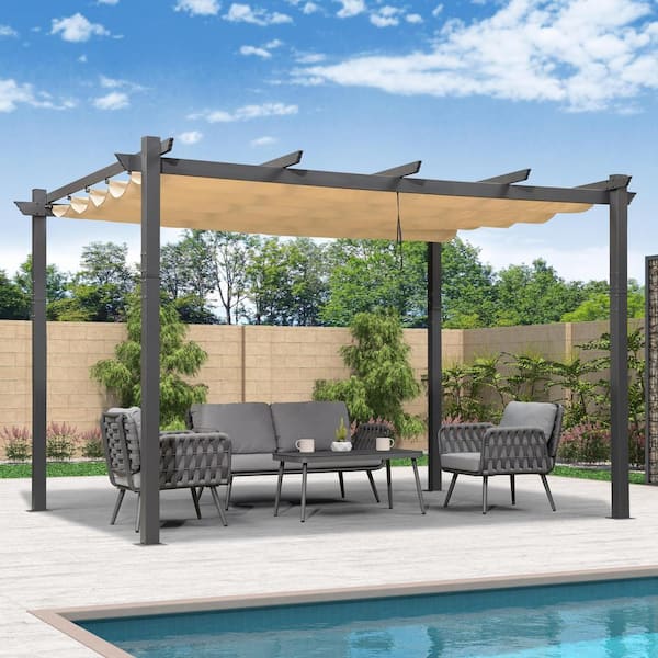 11 ft. W x 13 ft. D Outdoor Gray Aluminum Pergola with Khaki Adjustable Fade-Resistant Sun Shelter Canopy for Pavilion