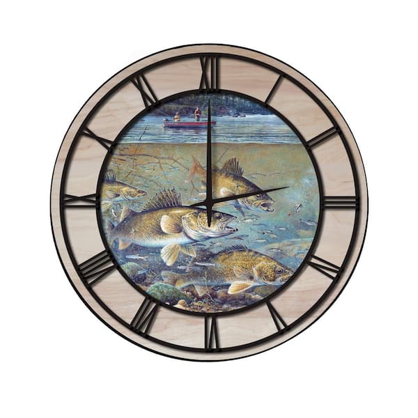 Unbranded "Fisherman's Walleye" Woodgrain Accent and Black Numbers Imaged Wall Clock
